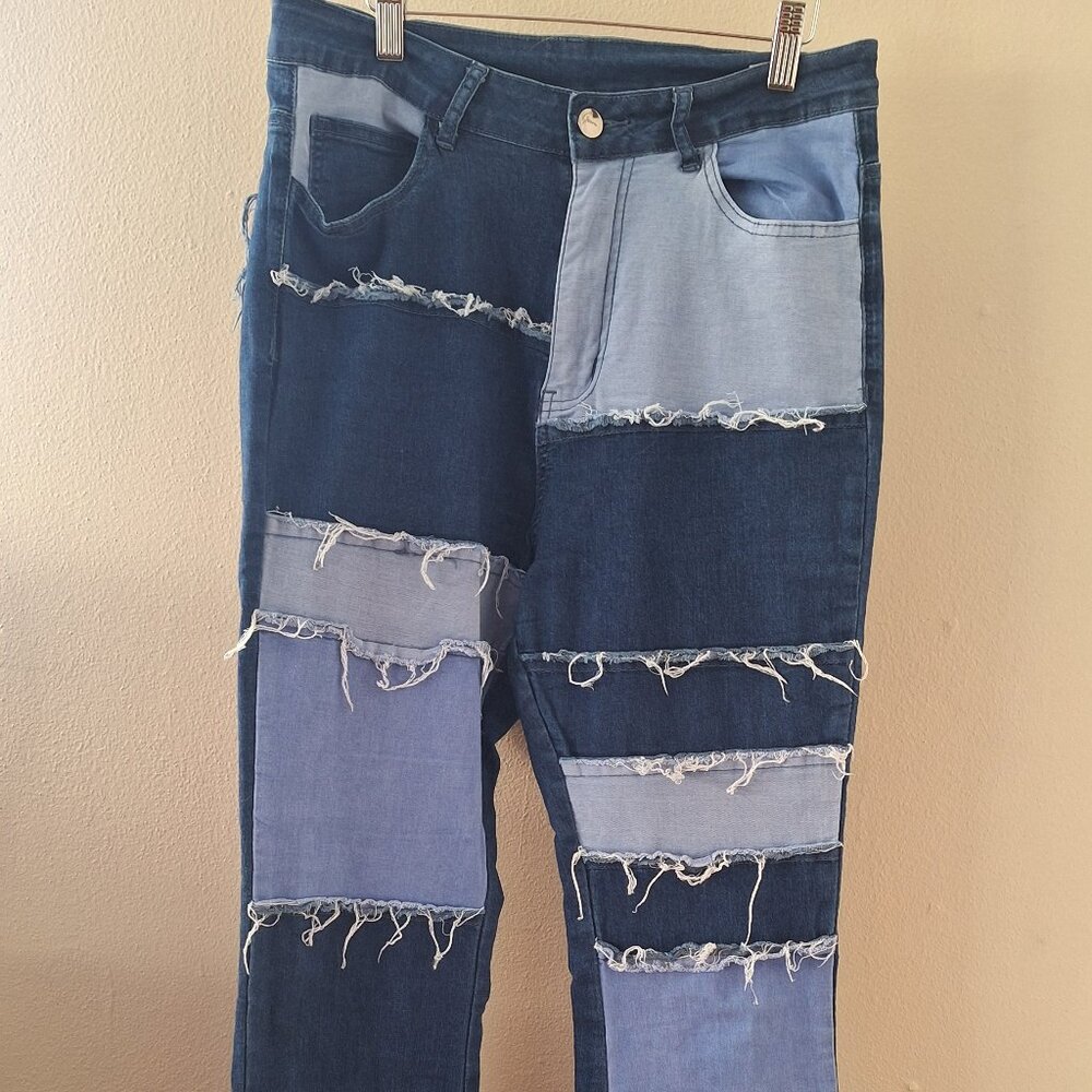 High Waist Patchwork Jeans frayed and flared Women's size 14.